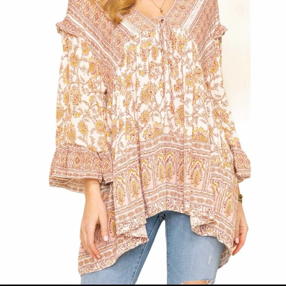 Free People Cream and Light Pink Floral Boho Blouse